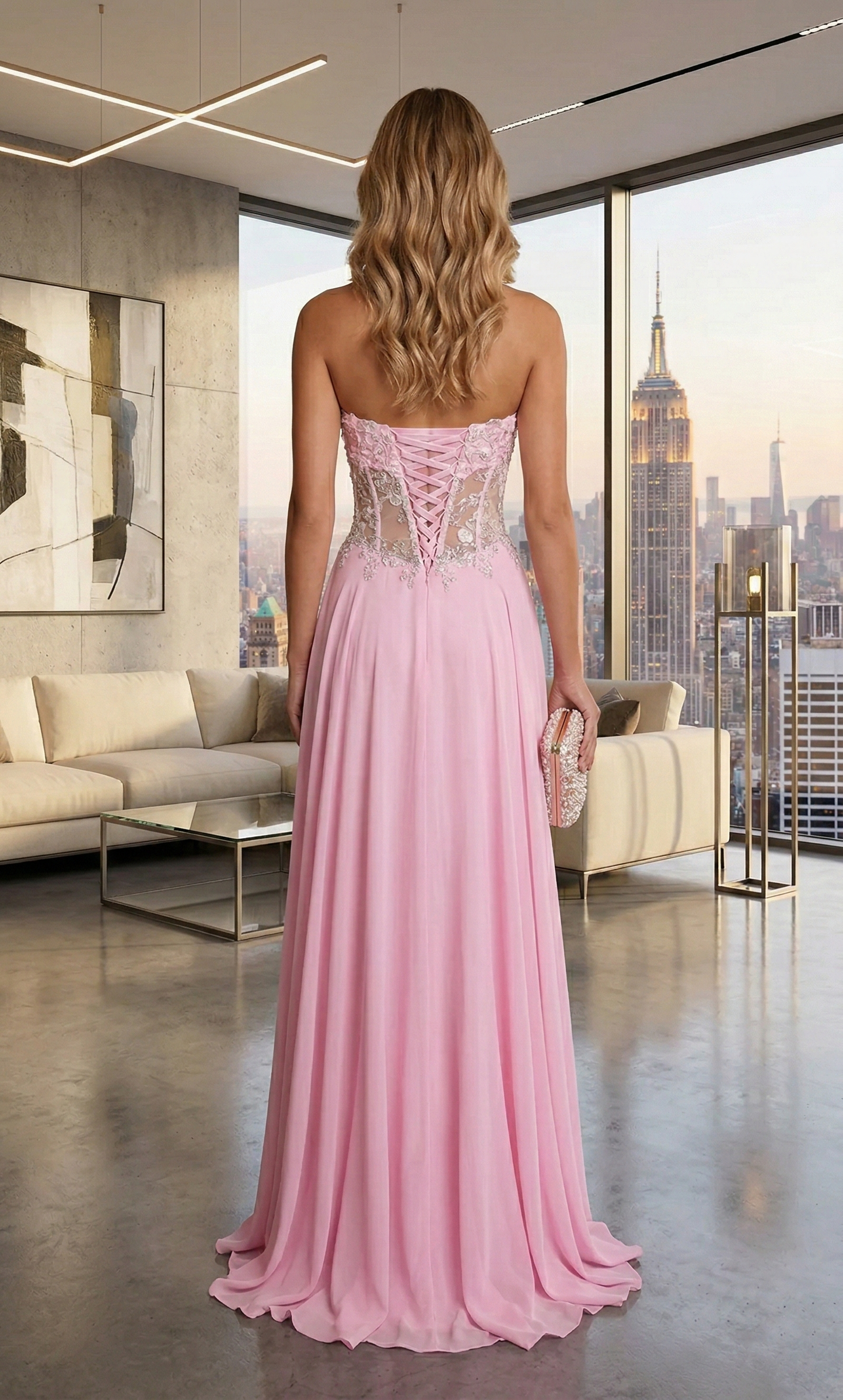 Strapless Lace Corset Chiffon A-Line Prom Dress with Lace-Up Back | Sevoba