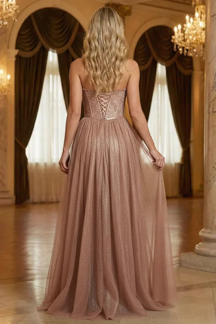 Strapless Lace Corset Tulle Prom Dress with Slit | Sevoba