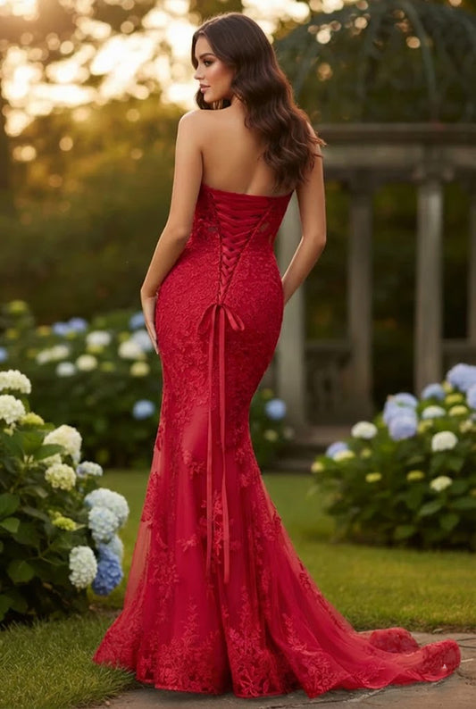 Strapless Lace Mermaid Prom Dress with Bow Detail & Corset Back | Sevoba