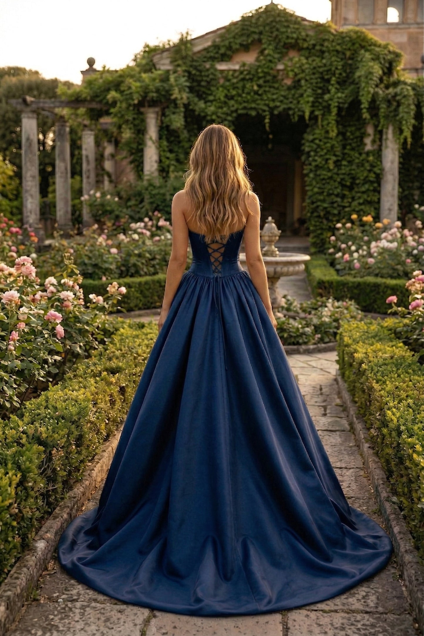 Strapless Satin Ball Gown Prom Dress with Oversized Rose Detail | Sevoba