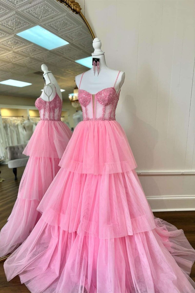Tiered Ruffle Sequin-Embroidery Corset Long Prom Gown