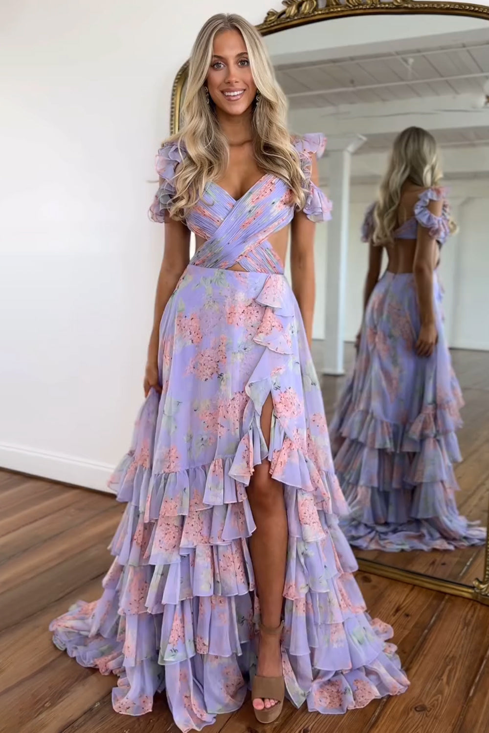 Stylish Purple Print A Line Off The Shoulder Long Layered Prom Dress with Slit