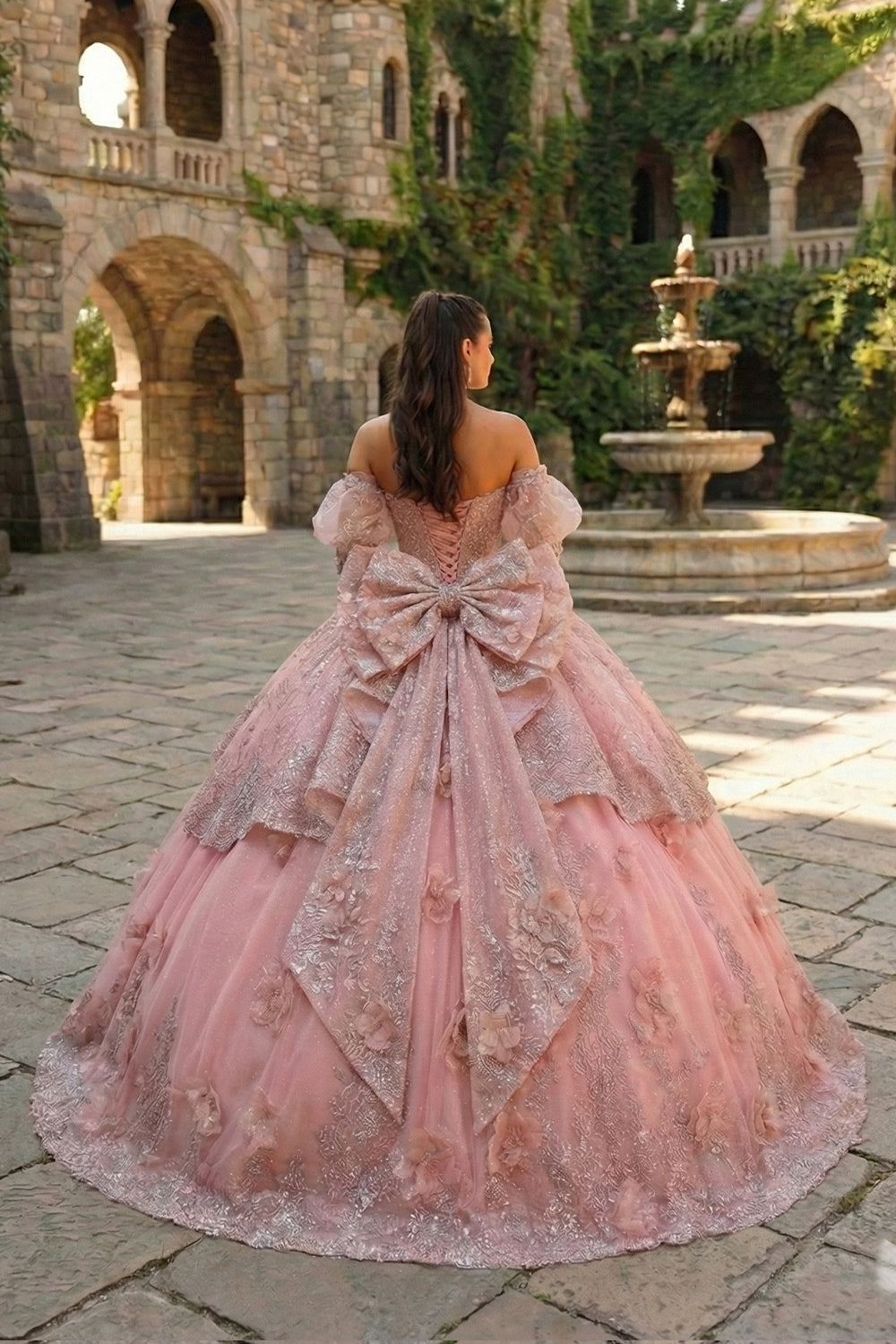 Textured Ruffles Ball Gown Cold Shoulder Quinceañera Dress With Embroidery and 3D Floral | Sevoba