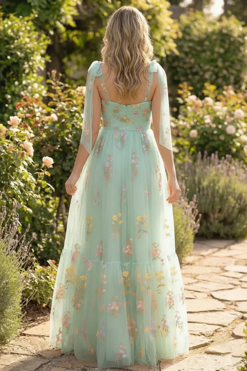 Tie-Strap Floral Embroidered Tulle A-Line Prom Dress | Sevoba