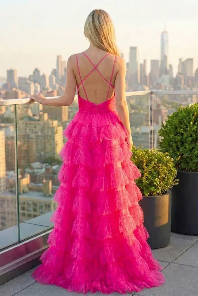 Tiered Ruffle Cake Skirt Printed Tulle Prom Dress with Open Back | Sevoba