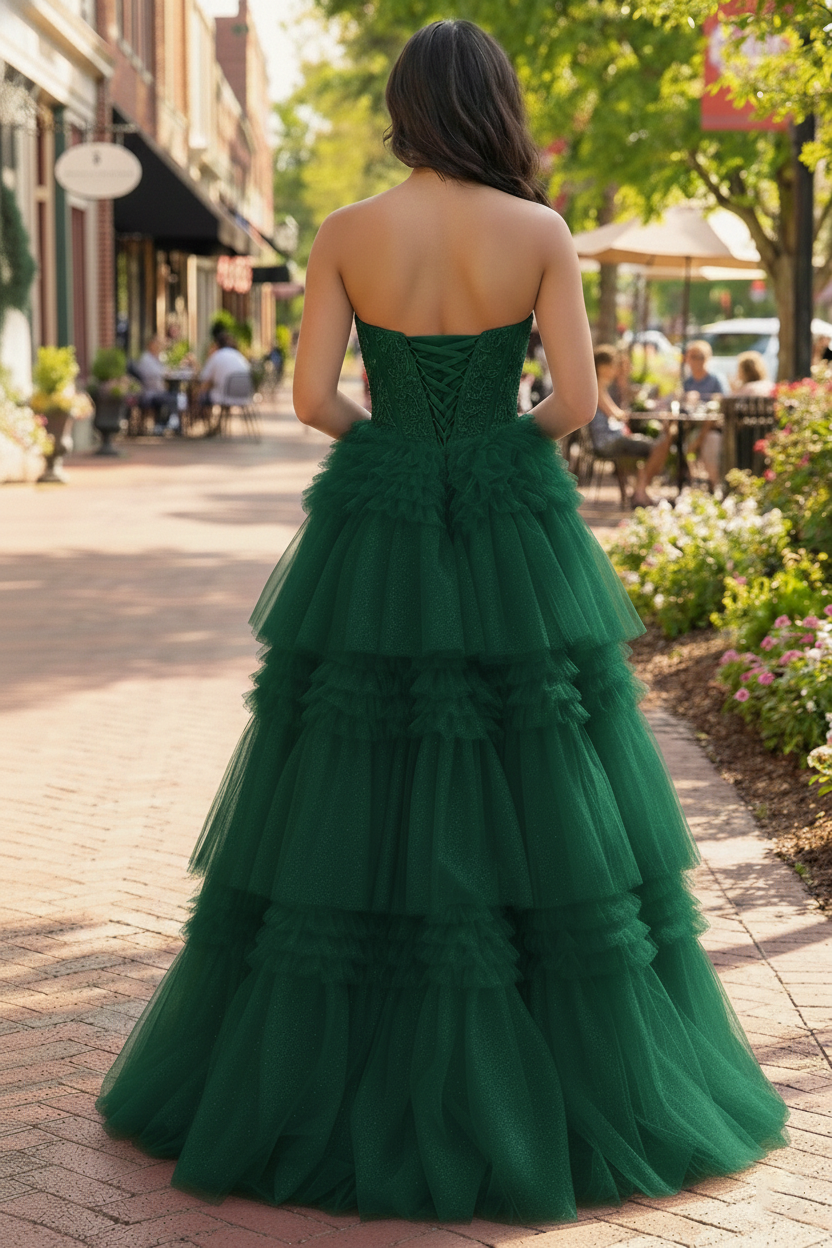 Tiered Ruffle Strapless Tulle Corset Prom Dress | Sevoba