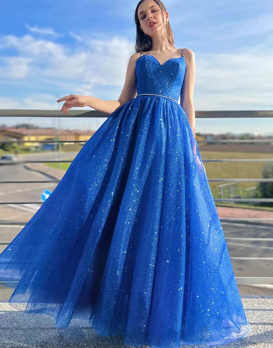 Tracy | Royal Blue Sparkly A Line Spaghetti Straps Long Prom Dress