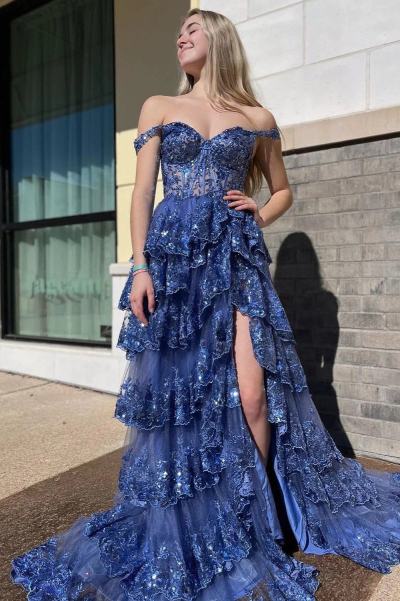 Sevoba|Princess A Line Off the Shoulder Corset Prom Dress with Lace Ruffles