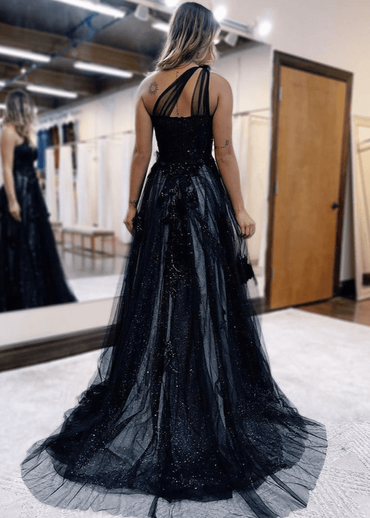 A Line One Shoulder Black Long Prom Dress with Appliques
