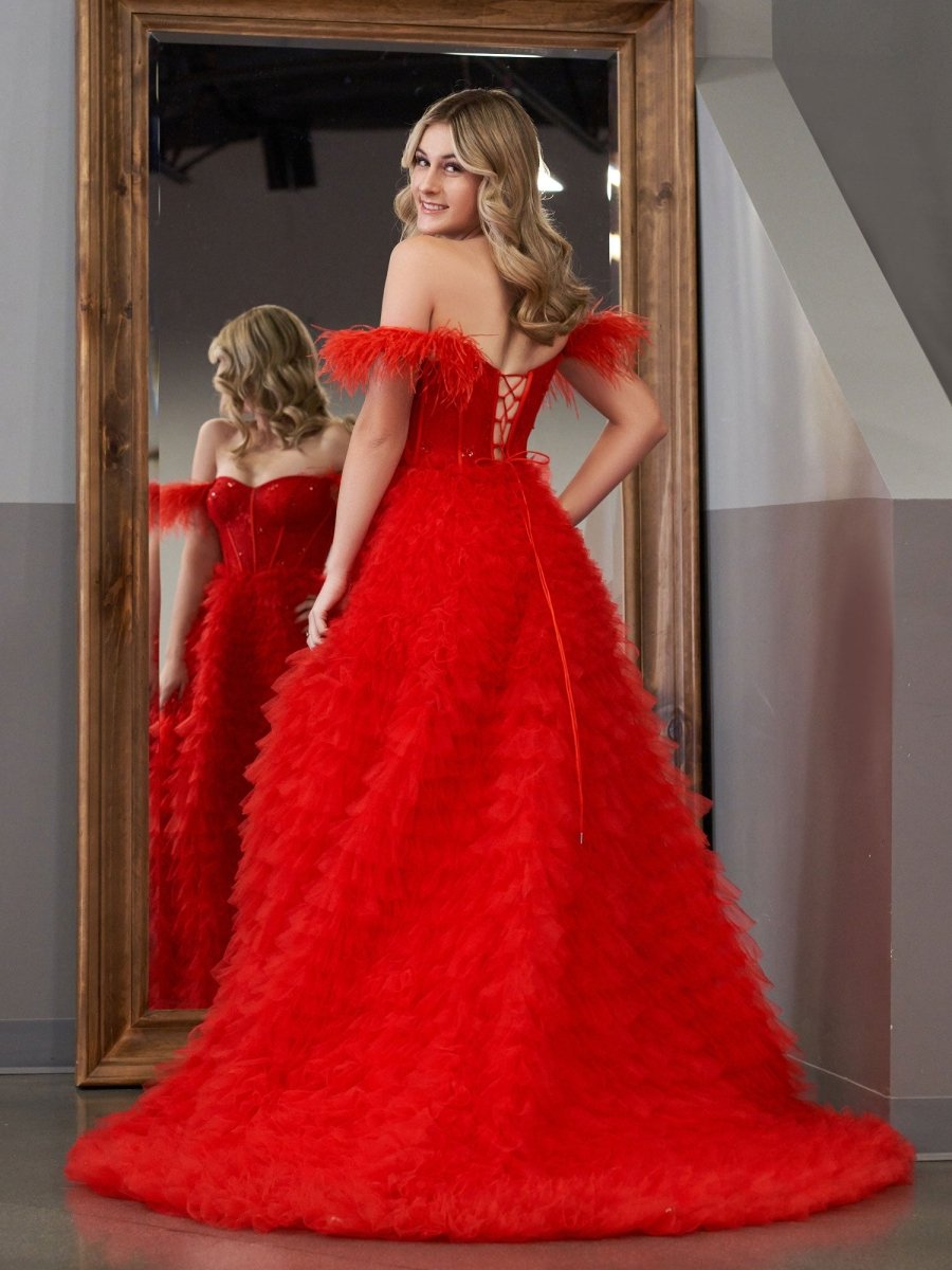 Sevoba|A Line Sweetheart Tiered Tulle Long Prom Dress With Slit