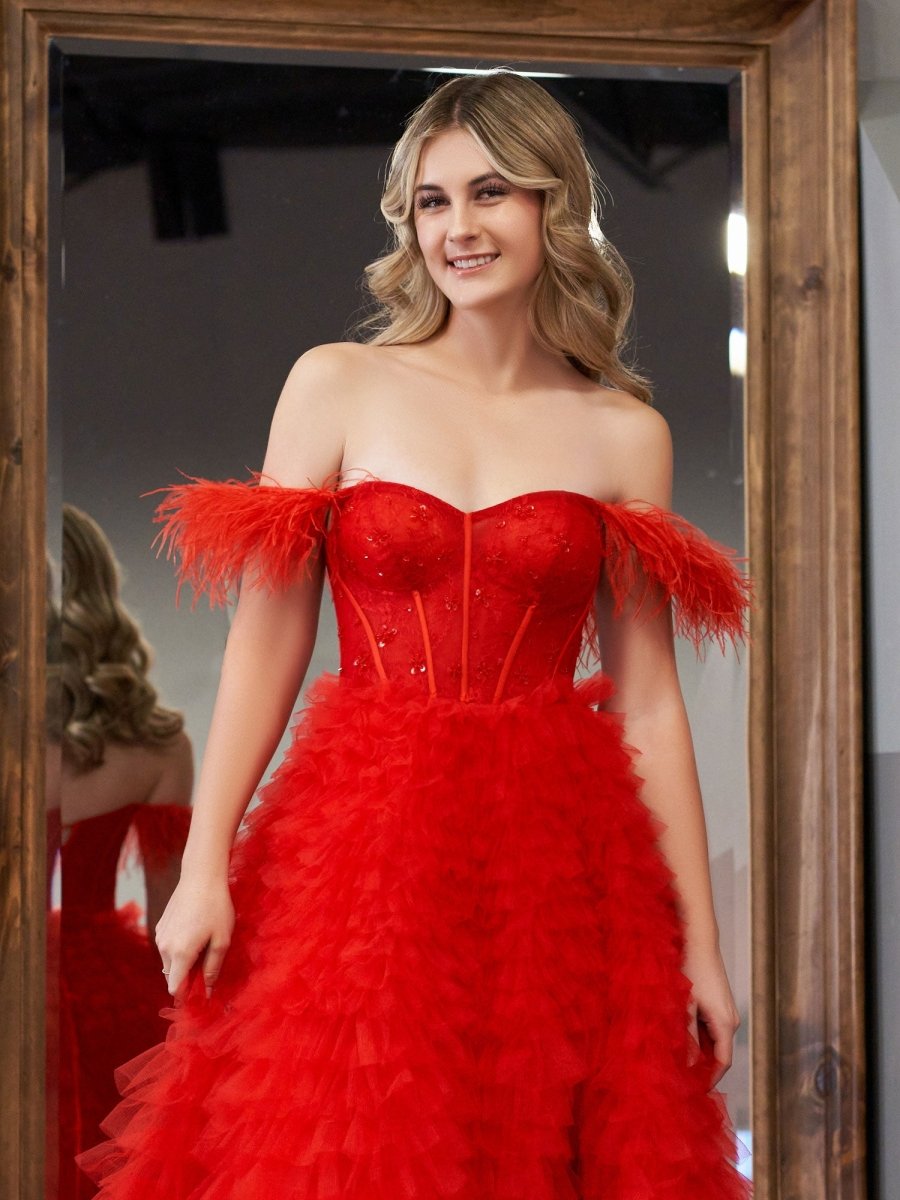 Sevoba|A Line Sweetheart Tiered Tulle Long Prom Dress With Slit