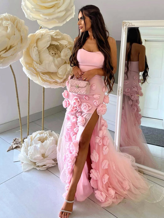 A line Sexy Sweetheart Sleeveless Pink Slit Flowers Prom Dress