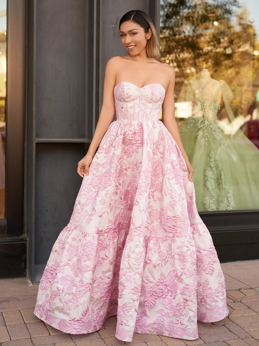 Sevoba | A-Line Sweetheart Floral Printed Long Prom Dresses
