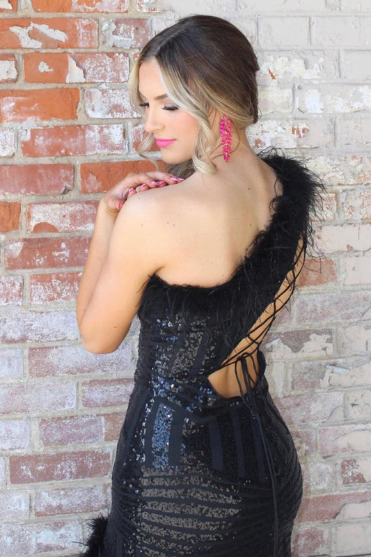 Adira | Black One Shoulder Mermaid Sequins Prom Dress With Feather