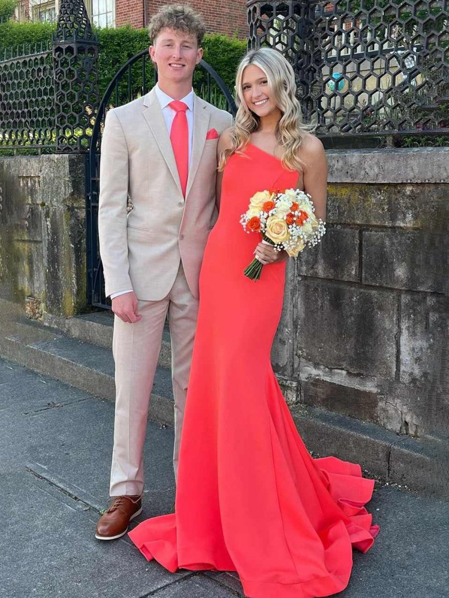Adley | One Shoulder Mermaid Sleeveless Satin Prom Dress with Train