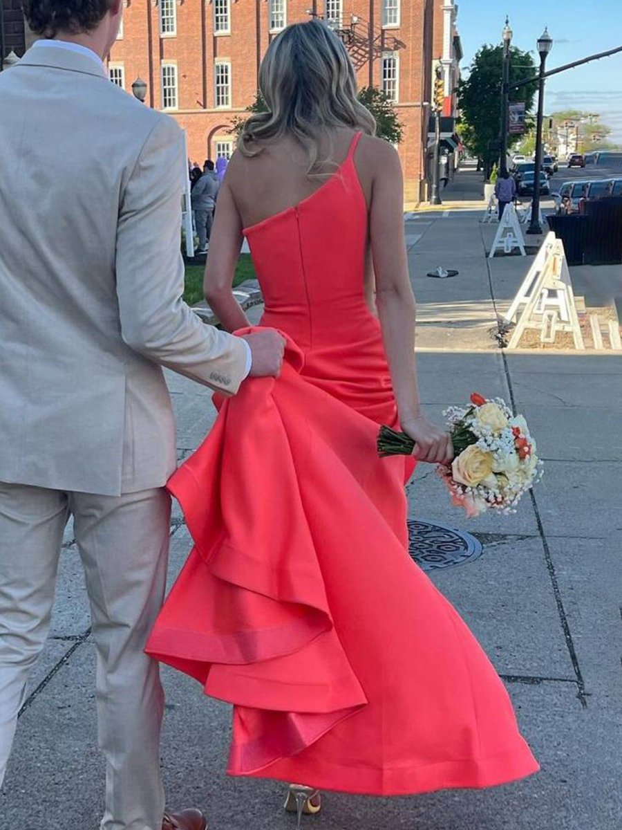 Adley | One Shoulder Mermaid Sleeveless Satin Prom Dress with Train
