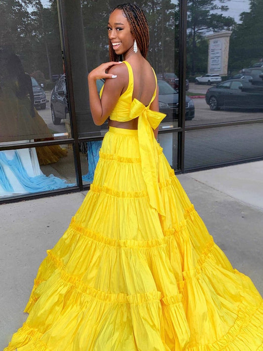 Aloe | A-Line Yellow V-Neck Ruffle Taffeta Two Piece Prom Dress