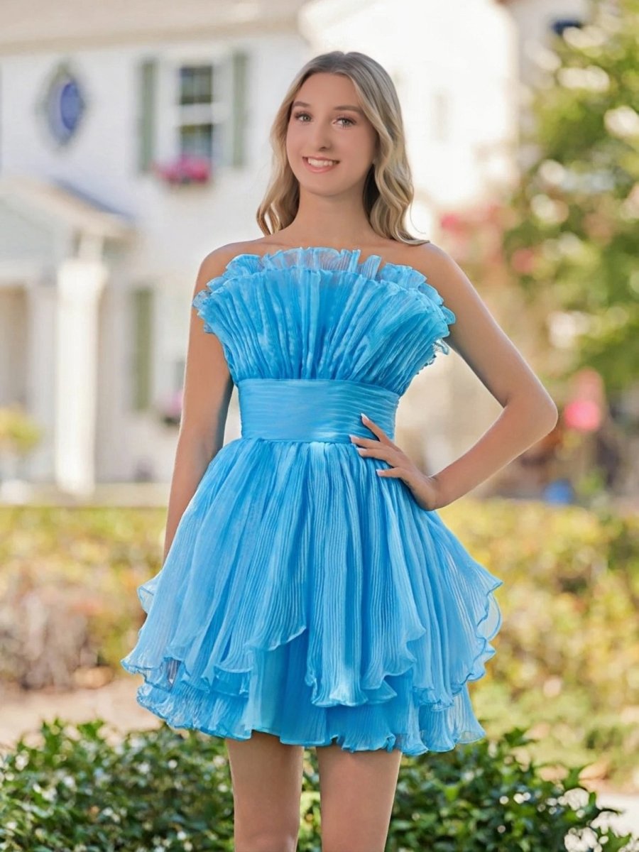 Sevoba|Blue A-Line Strapless Pleated Short Tiered Homecoming Dress