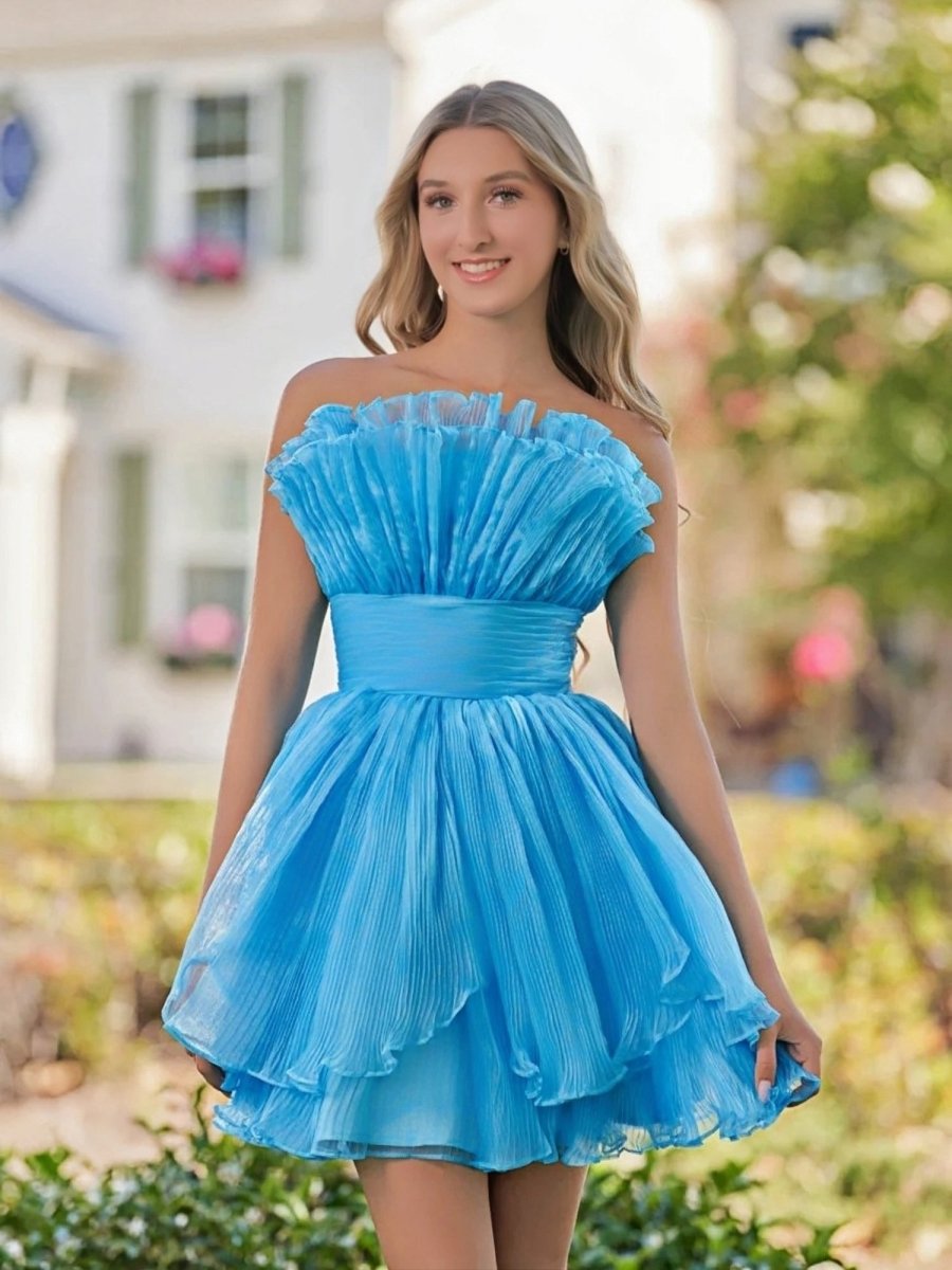 Sevoba|Blue A-Line Strapless Pleated Short Tiered Homecoming Dress