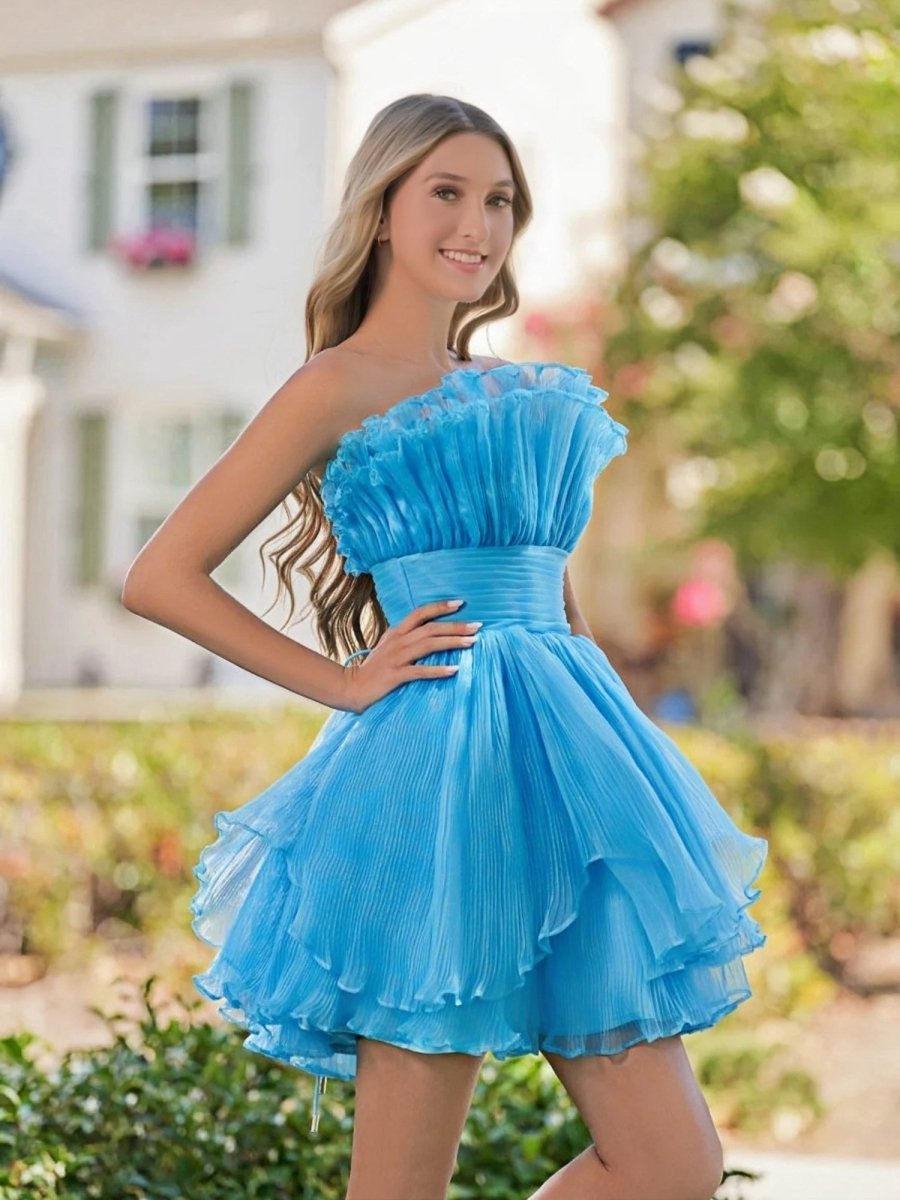 Sevoba|Blue A-Line Strapless Pleated Short Tiered Homecoming Dress