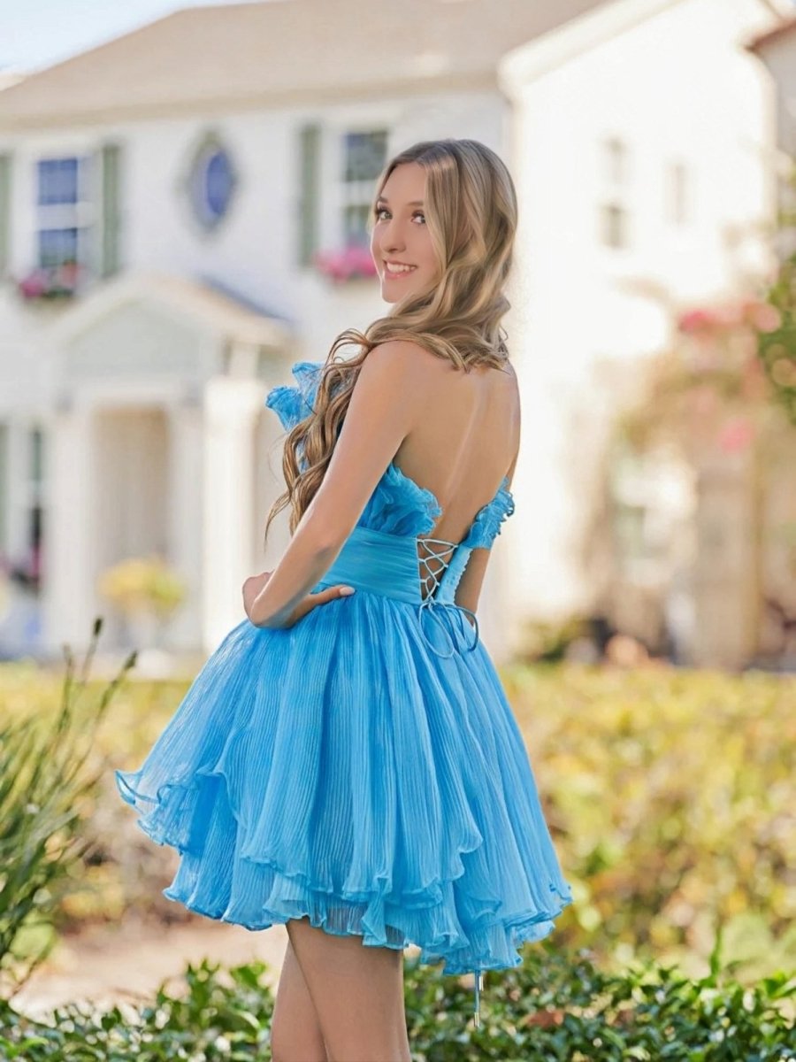 Sevoba|Blue A-Line Strapless Pleated Short Tiered Homecoming Dress