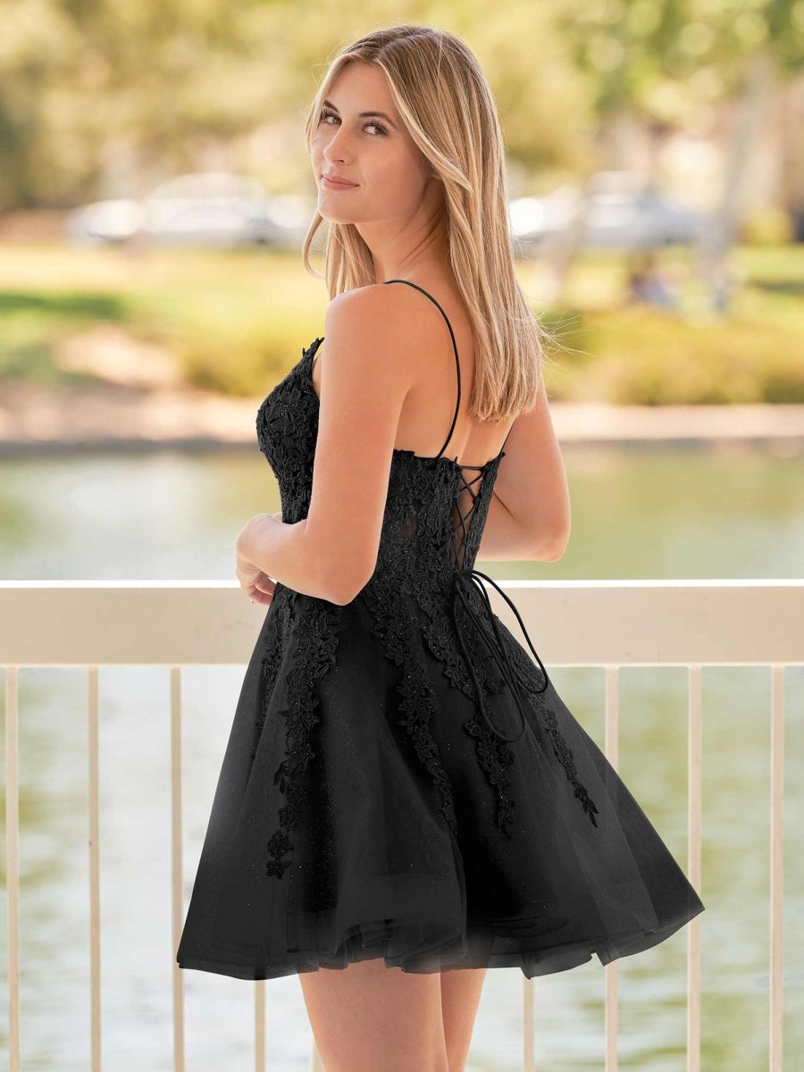 Sevoba|A-Line Spaghetti-Straps Sky Blue Lace Homecoming Dress With Appliques