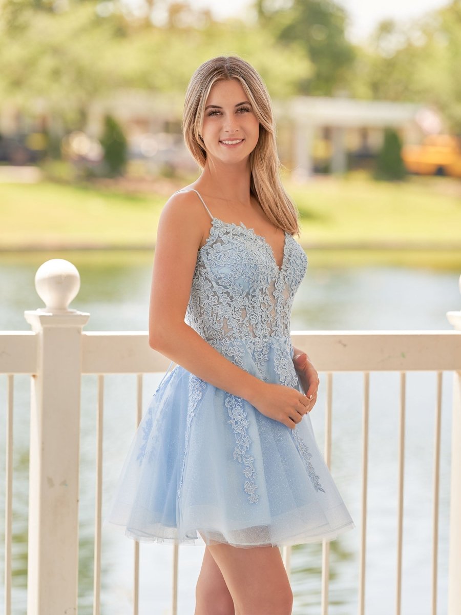 Sevoba|A-Line Spaghetti-Straps Sky Blue Lace Homecoming Dress With Appliques
