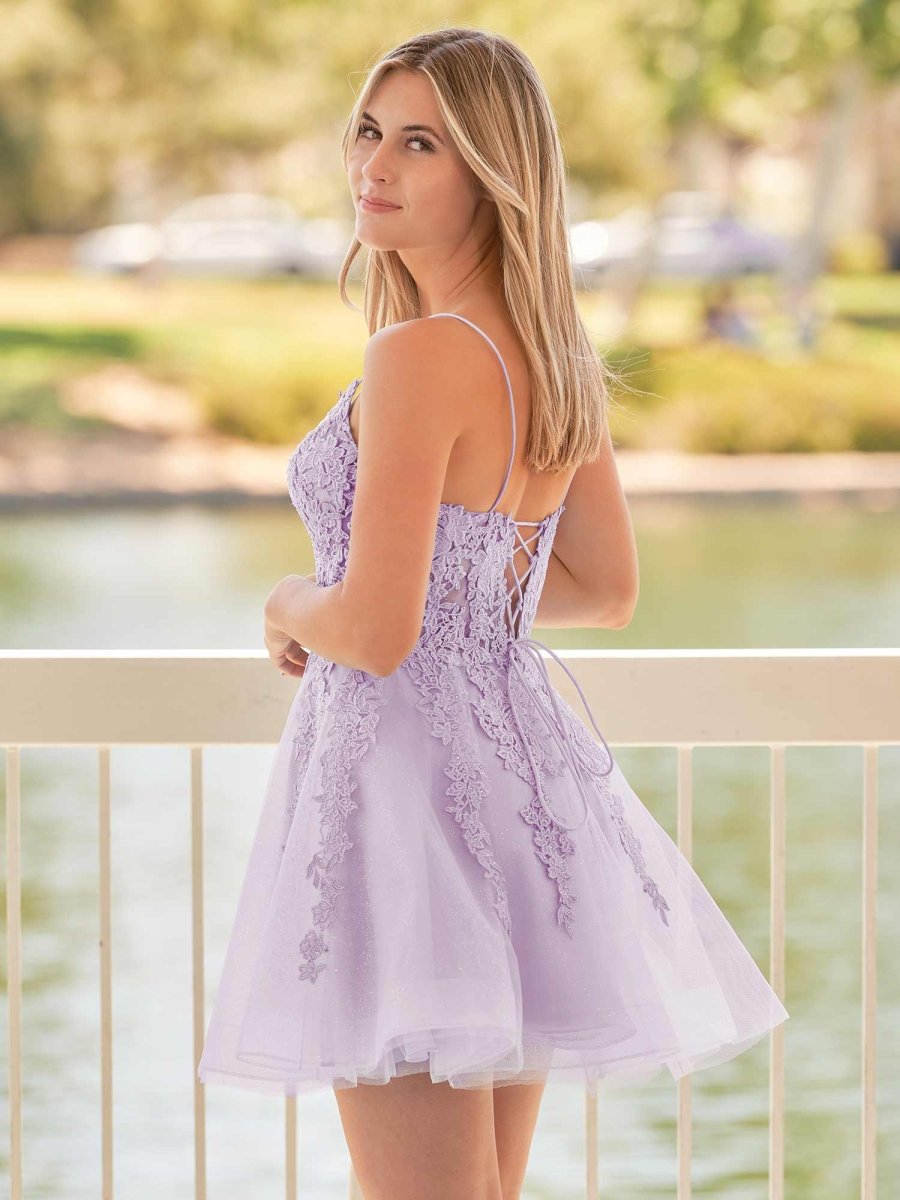 Sevoba|A-Line Spaghetti-Straps Sky Blue Lace Homecoming Dress With Appliques