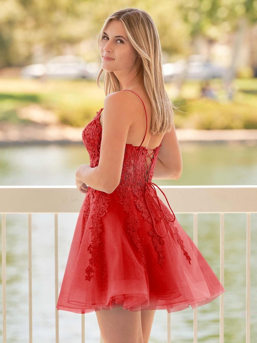 Sevoba|A-Line Spaghetti-Straps Sky Blue Lace Homecoming Dress With Appliques