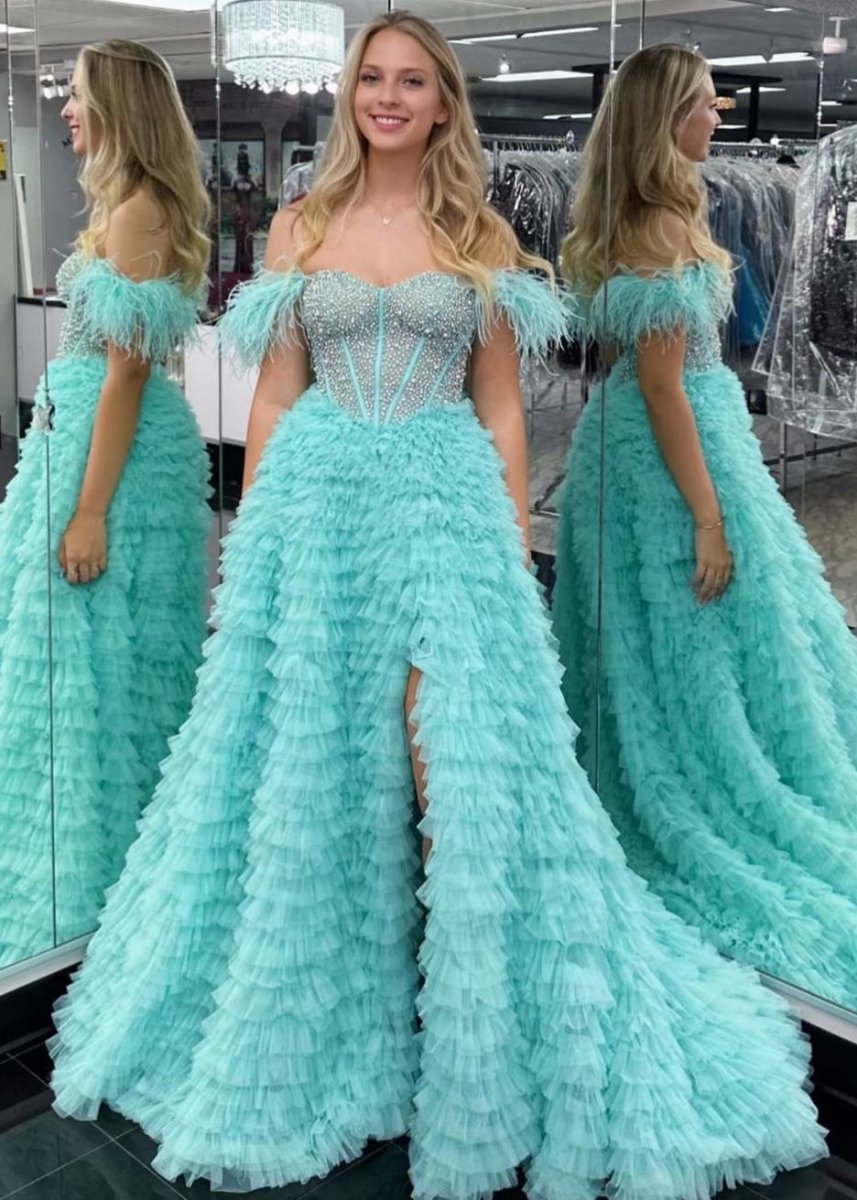 A Line Off the Shoulder Tiered Tulle Prom Dress With Slit