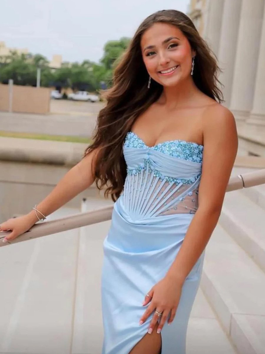 Sevoba|Mermaid Strapless Blue Beaded Ruched Long Prom Dress with Slit