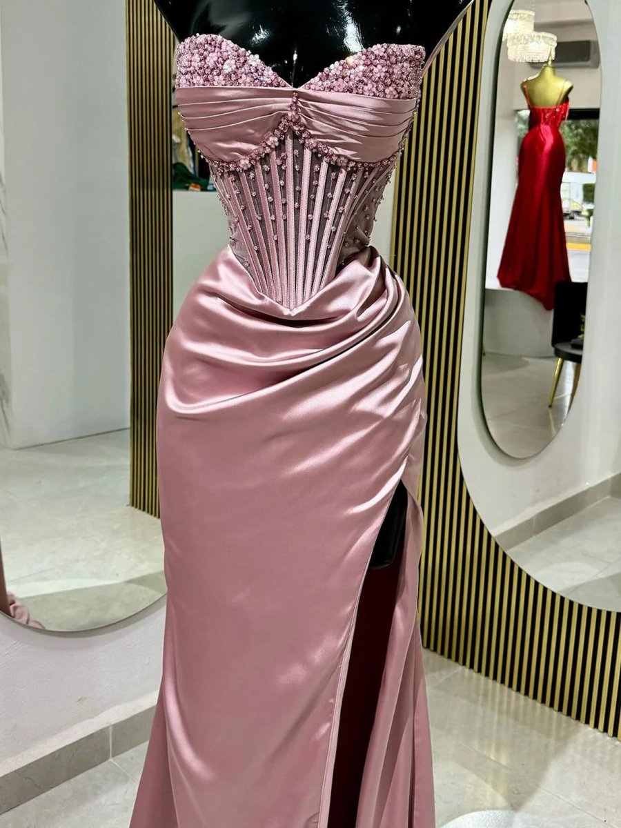 Sevoba|Mermaid Strapless Blue Beaded Ruched Long Prom Dress with Slit