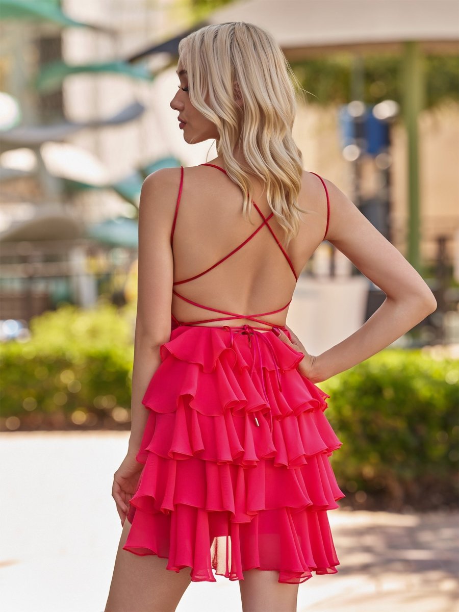 Sevoba|Red - Scoop Neck Satin Ruffle Short Homecoming Dress