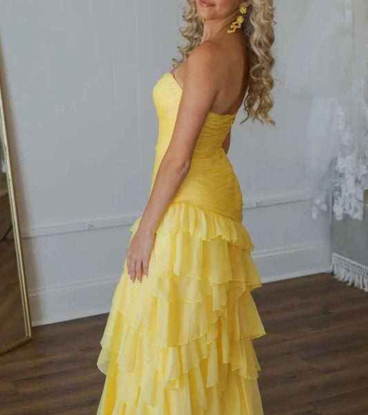 Aurora | Ruched Ruffle Fitted Yellow Long Prom Dress with Slit