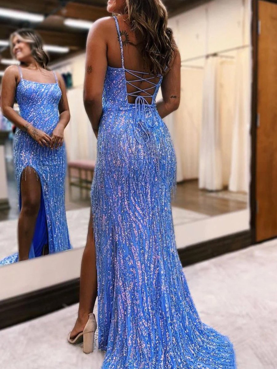 Scoop Neck Hot Pink Mermaid Sequins Long Prom Dresses with Beading