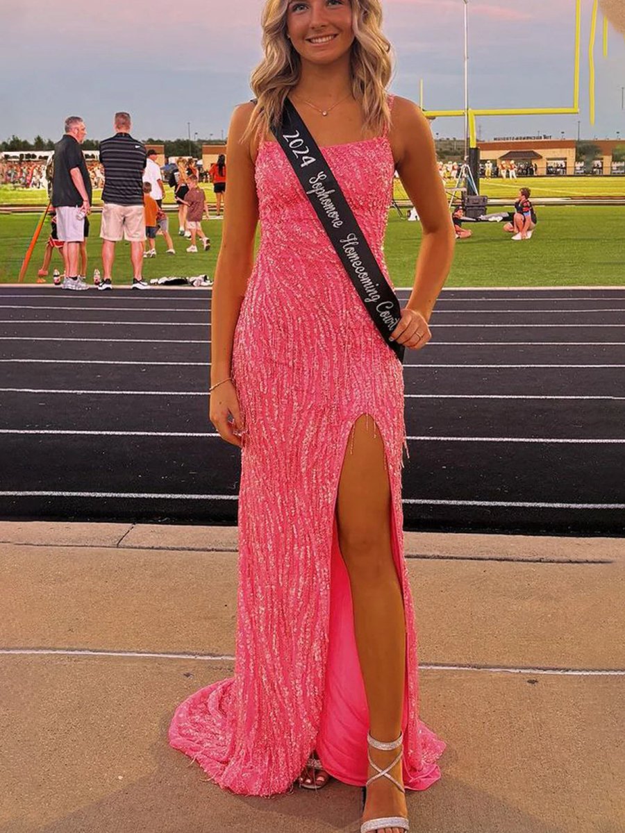 Scoop Neck Hot Pink Mermaid Sequins Long Prom Dresses with Beading