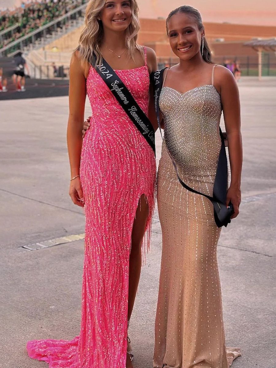 Scoop Neck Hot Pink Mermaid Sequins Long Prom Dresses with Beading