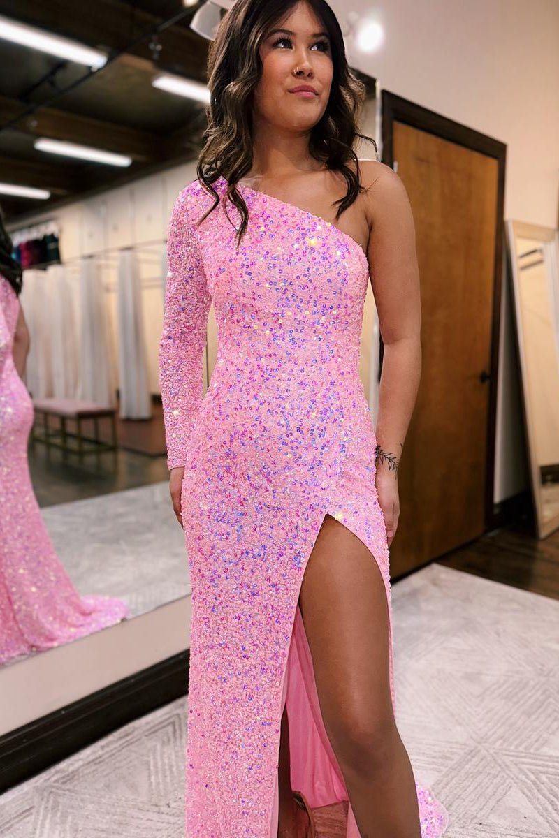 One-shoulder Long Sleeve Tiffany Blue Sequins Long Formal Dress