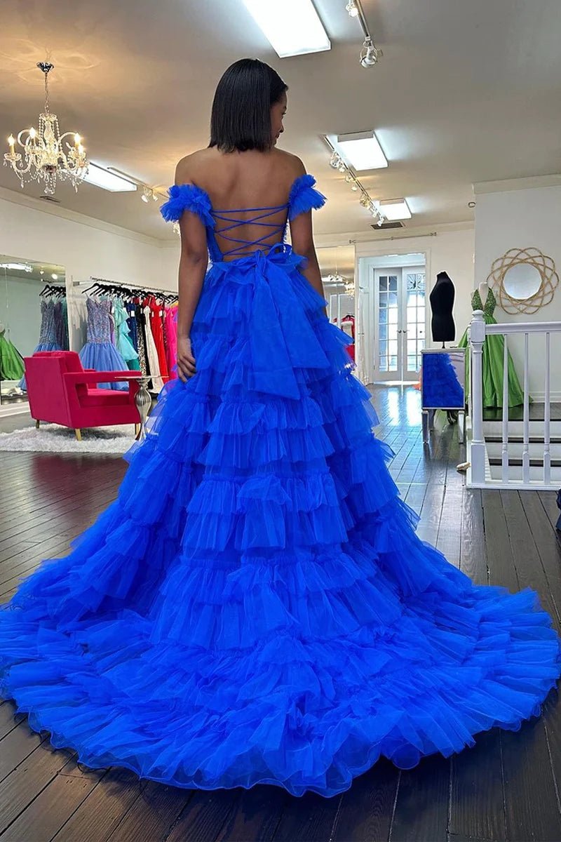 Royal Blue Off the Shoulder Ruffle Tiered Tulle Long Prom Dresses with Slit