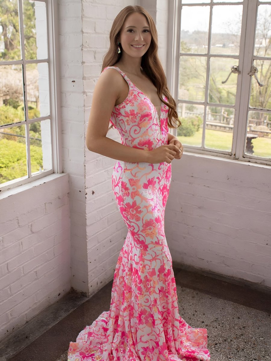 Bailey | Pink V Neck Sequin Lace Mermaid Prom Dress