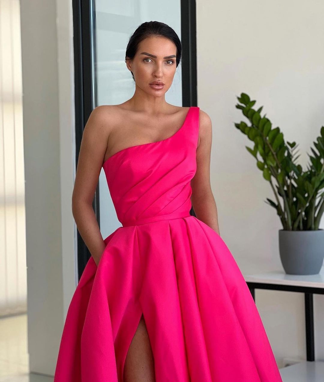 Ariella | Charming A Line One Shoulder Fuchsia Sequins Long Prom Dresses with Slit