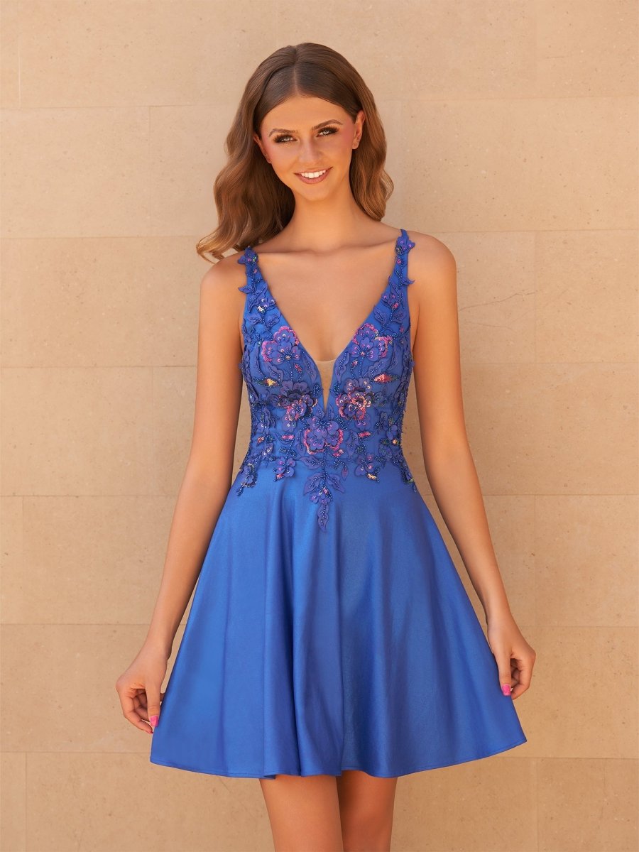 Sevoba|Royal Blue - A Line Satin V Neck Sequined Homecoming Dresses with Appliques