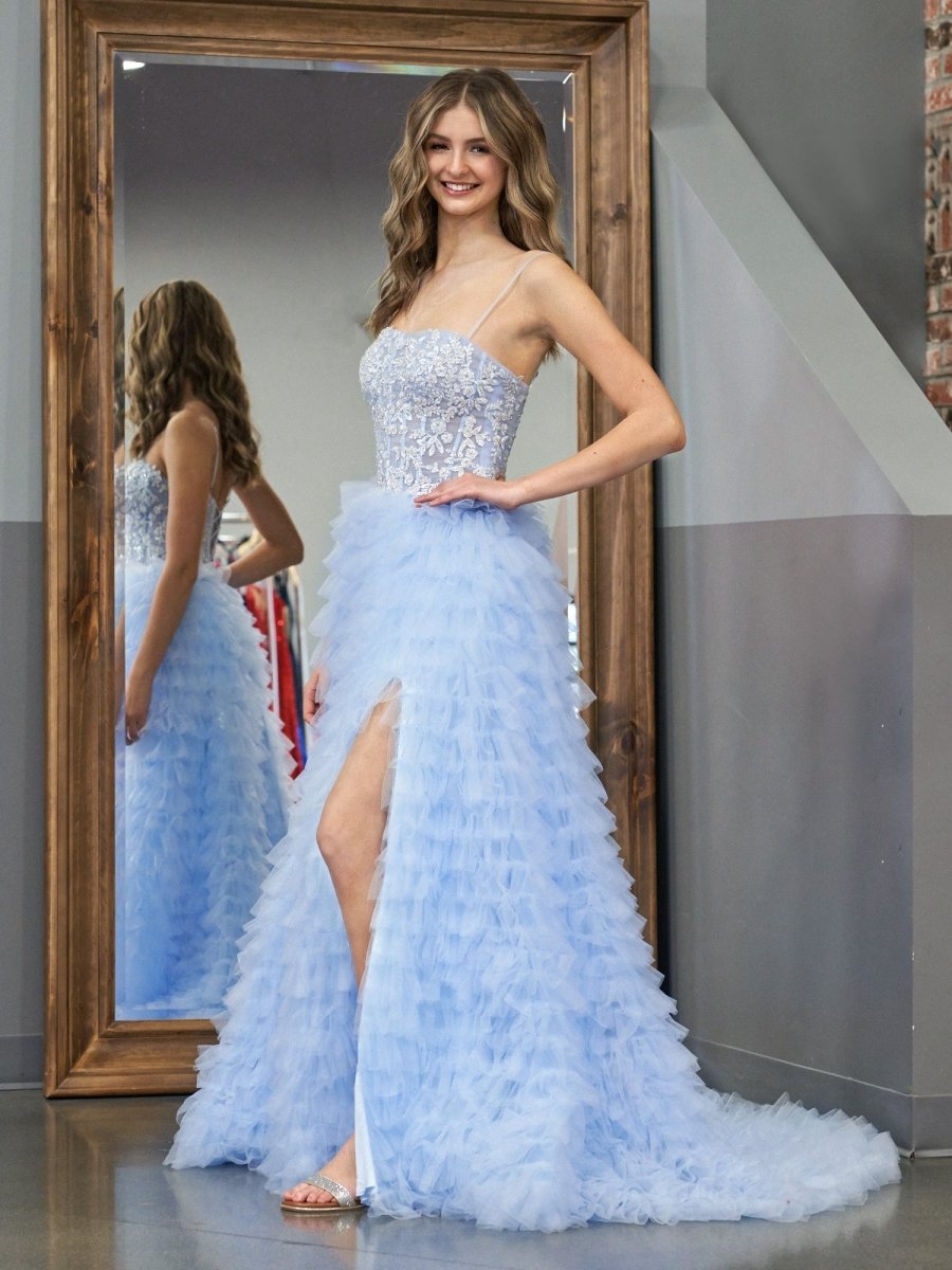 Sevoba | Sky Blue A-Line Tiered Sequins Tulle Long Prom Dress