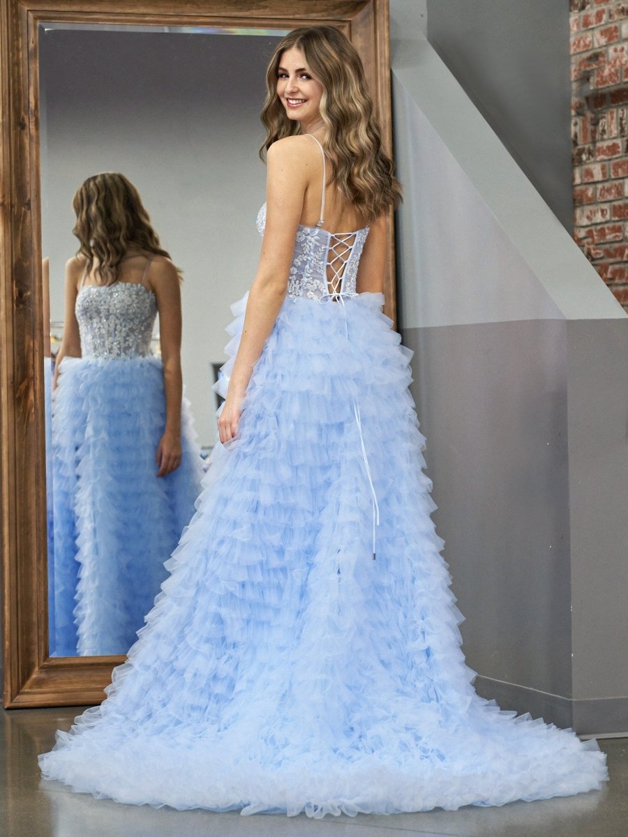 Sevoba | Sky Blue A-Line Tiered Sequins Tulle Long Prom Dress