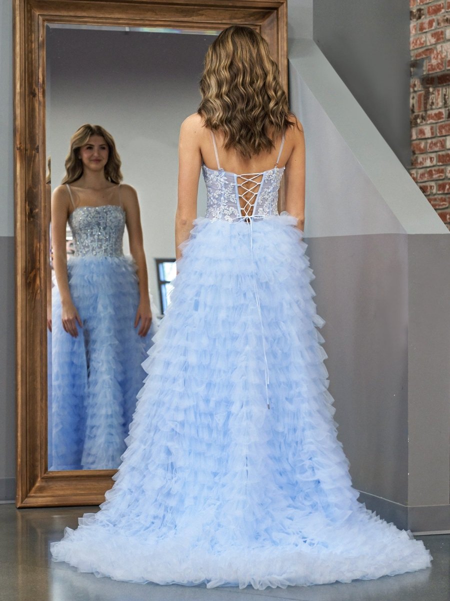 Sevoba | Sky Blue A-Line Tiered Sequins Tulle Long Prom Dress