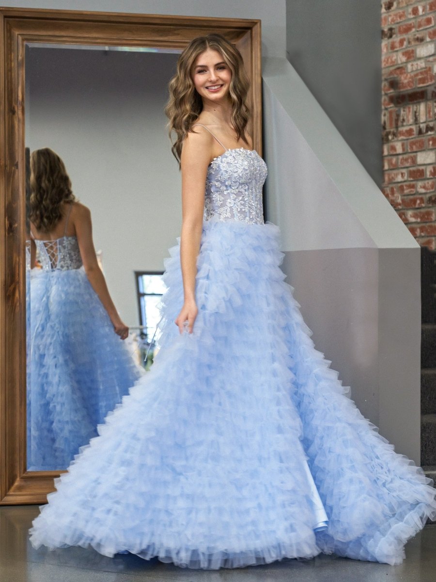 Sevoba | Sky Blue A-Line Tiered Sequins Tulle Long Prom Dress