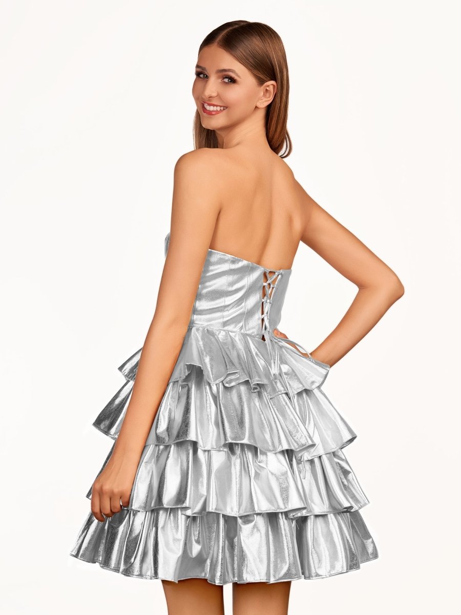 Sevoba|A-Line Sweetheart Gold Metallic Ruffle Homecoming Dress