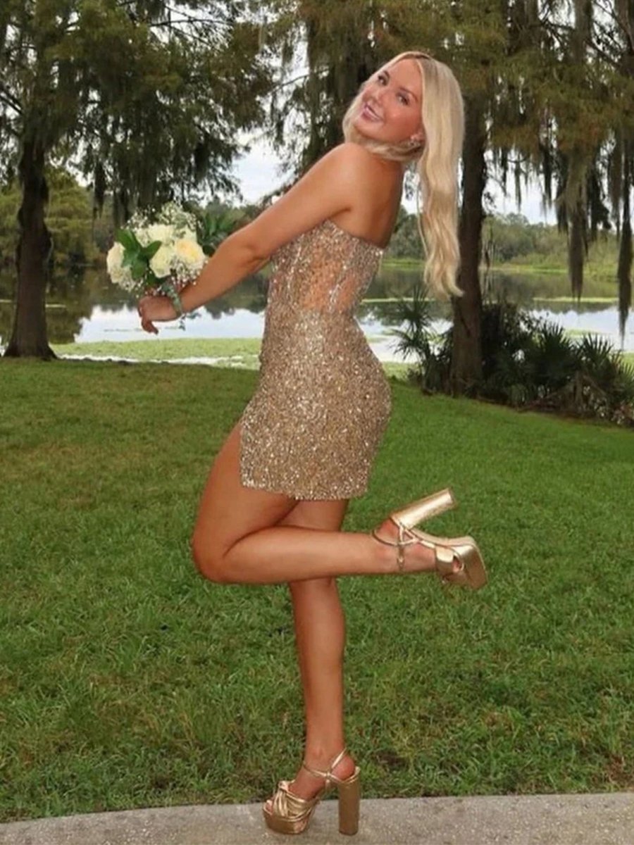 Sevoba|Gold - Sparkly Bodycon Strapless Sequins Short Homecoming Dresses With Beadings