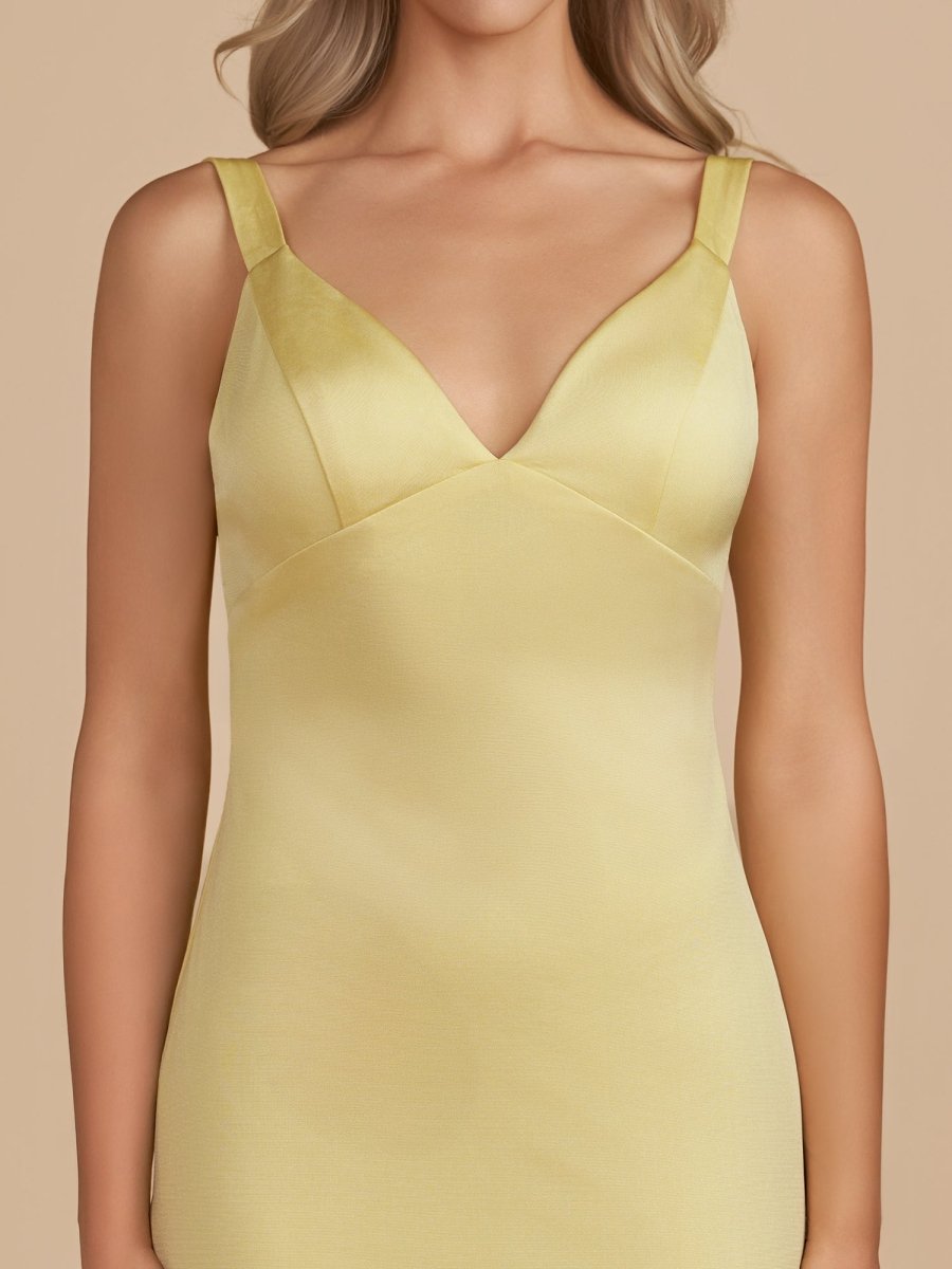 Sevoba|Yellow - Bodycon V Neck Satin Short Homecoming Dresses with Bow