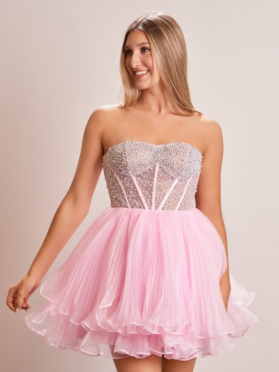Sevoba|A-Line Pink Sweetheart Ruffled Short Homecoming Dress